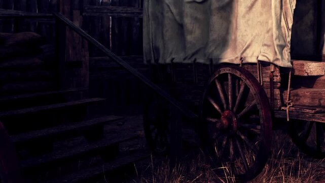 A wagon is positioned on a wooden platform beside a rustic wooden structure. The scene takes place during dusk, with soft light casting shadows.