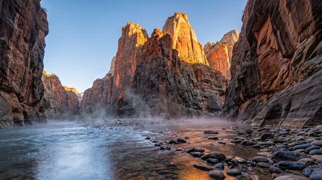 Zion canyon river landscape with misty water flowing past red rock cliffs at sunrise