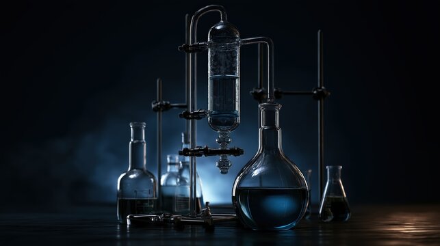 Hyper-realistic scientific distillation setup with glass flasks and blue liquids in laboratory