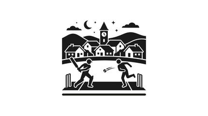 Naklejka premium Village cricket match silhouette illustration.