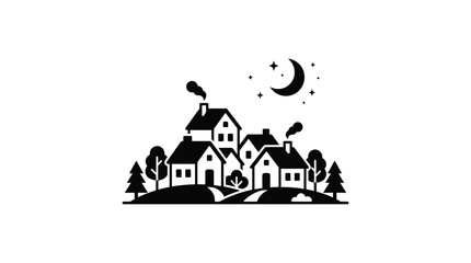 Fototapeta premium Village silhouette under a crescent moon at night.
