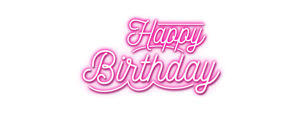 Bright pink neon sign with the words happy birthday glowing against a isolated transparent background
