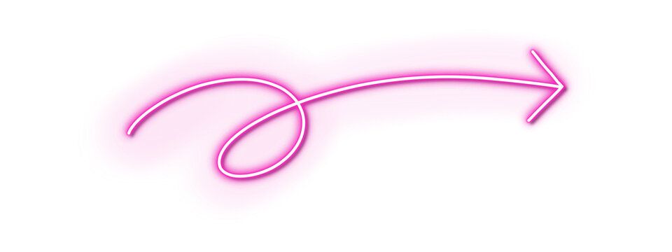 A glowing pink neon arrow sign with a swirling design isolated background