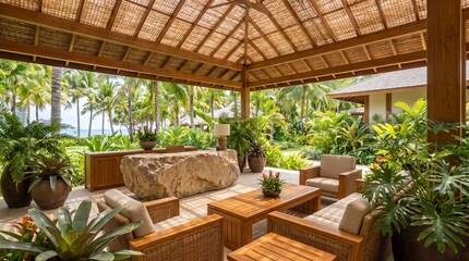 Fototapeta premium Luxury Tropical Resort Hotel Reception Lobby with Natural Interior