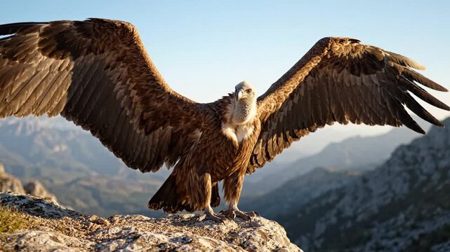 Griffon vultures perched on rocky mountain cliff with large wings spread open