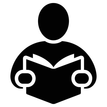 Black and white vector icon showing a person silhouette reading an open book graphic