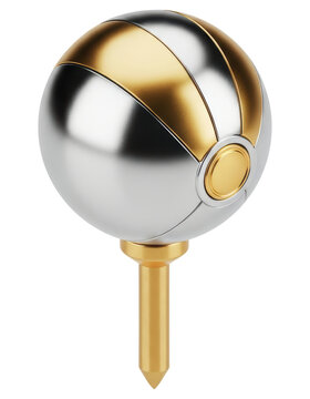 Silver and gold metallic golf ball on tee with transparent background