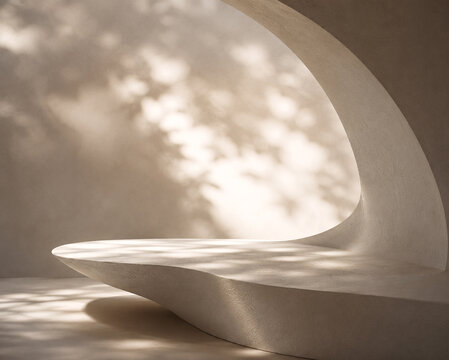 Minimalist white product display podium with organic arch design and light reflections
