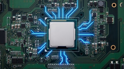 Fototapeta premium CPU processor microchip on motherboard with glowing blue digital data tracks top view