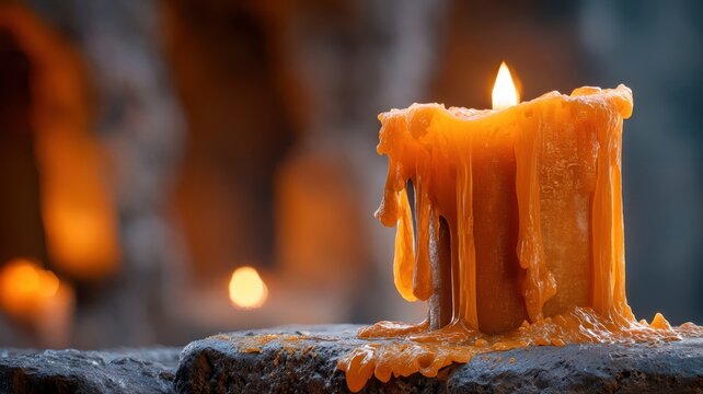 Burning Old Candle On Cracked Stone In Dark Catacomb Tunnel