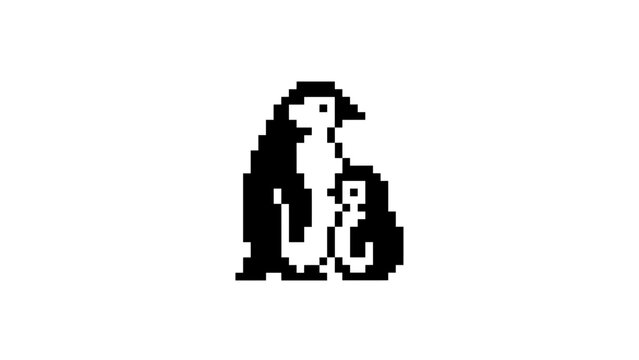 Penguin with chick pixel art icon.