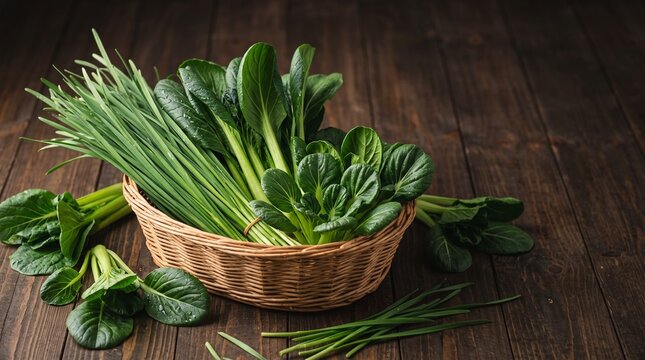 Fresh green bok choy and chives in wicker basket on dark wooden background