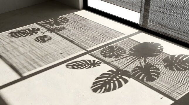 Minimalist monstera leaf shadow on floor, tropical plant silhouette in bright sunlight, modern interior aesthetic with natural light