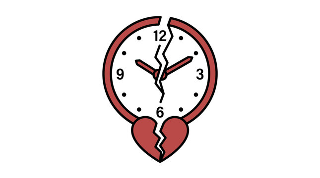 Broken Heart and Cracked Clock Flat Vector Icon