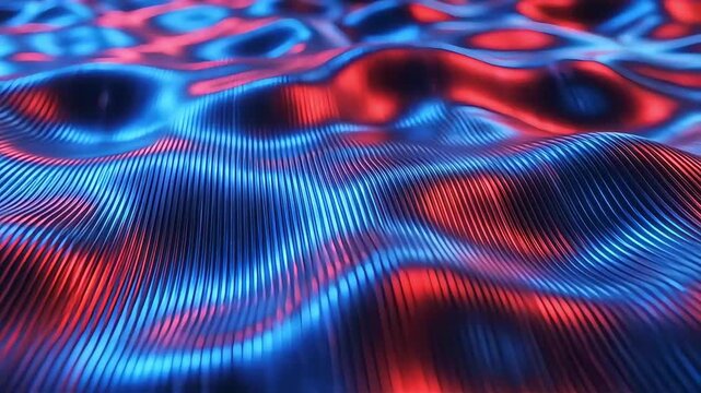 Abstract Wavy Line Surface Texture With Neon Blue And Red Lighting Background