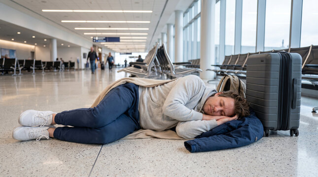Man sleeping on airport floor with suitcase and blanket  