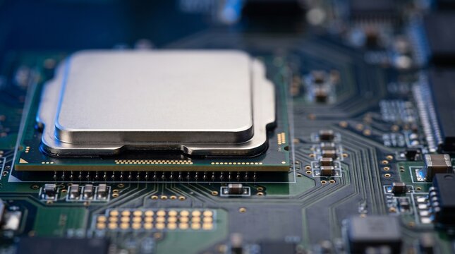 Computer processor cpu microchip installed on modern motherboard technology close up