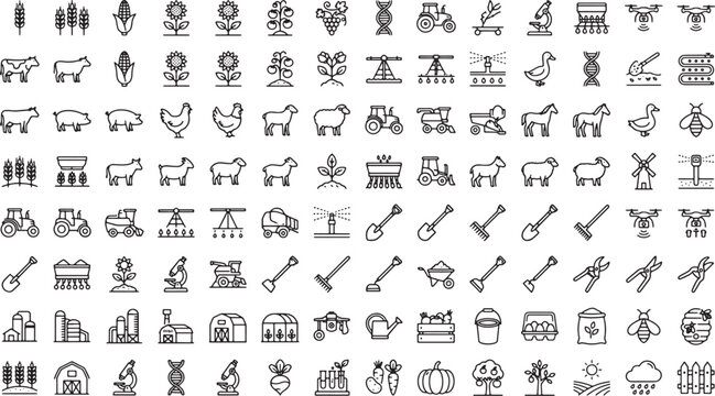 Set of agriculture and farming line icons featuring livestock crops machinery and rural tools in vector style