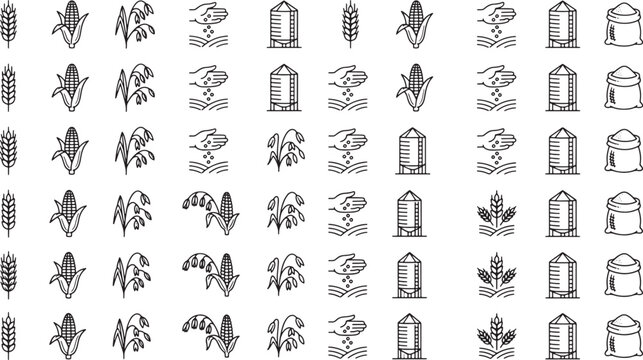 Set of agricultural icons featuring wheat corn grain silos and farming symbols in a clean line style