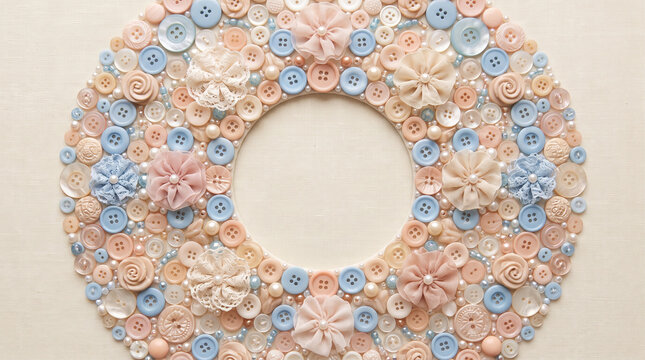 A beautiful decorative wreath made of various pastel colored buttons, fabric flowers, and small pearls arranged in a circular pattern on a textured fabric background
