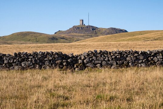 Stone wall in a dry grassy field with a distant hill and tower