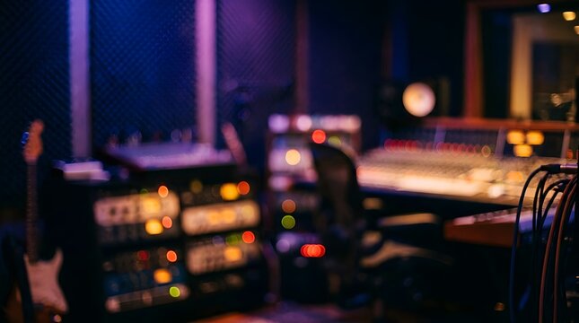 Professional music recording studio with mixing console. Blurred interior of sound engineering room with neon lights and audio equipment.
