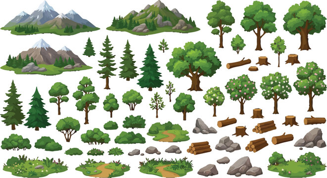 Set of cartoon nature elements including mountains trees bushes rocks and logs for game design
