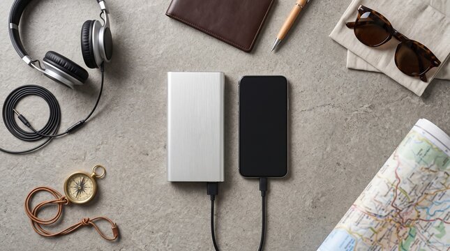 Power bank charging smartphone on stone background with travel accessories flat lay
