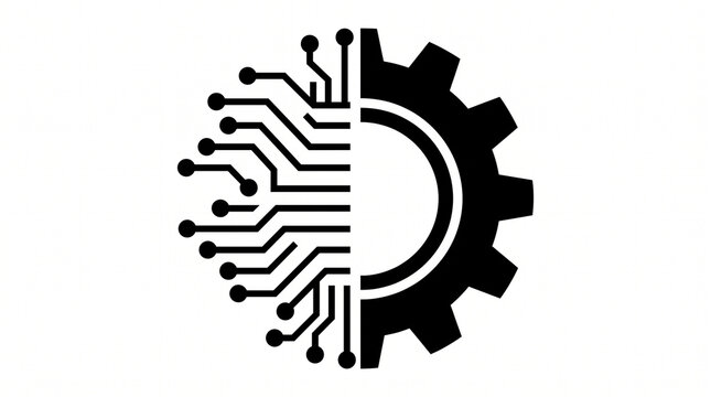 Abstract concept of a hybrid gear and circuit board design representing the fusion of mechanical engineering and digital technology isolated on white background