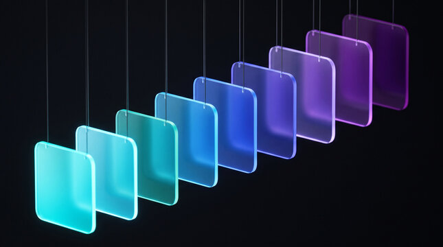 Abstract composition of translucent frosted glass squares hanging on thin wires, creating a vibrant color gradient from cyan to purple on a black background