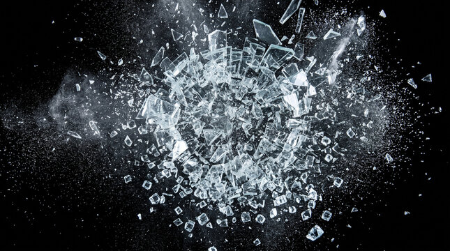 Explosion of shattered glass fragments and dust particles flying outwards on a black background, high speed photography of breaking glass