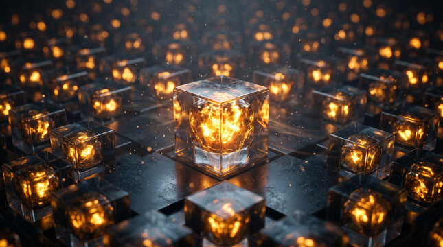 Futuristic energy cores glowing inside translucent cubes on a dark industrial grid floor with bright sparks and atmospheric lighting