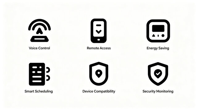 Smart device flat function icon set, representing voice remote scheduling, energy-saving and security compatibility, suitable for smart home detail page introduction.
