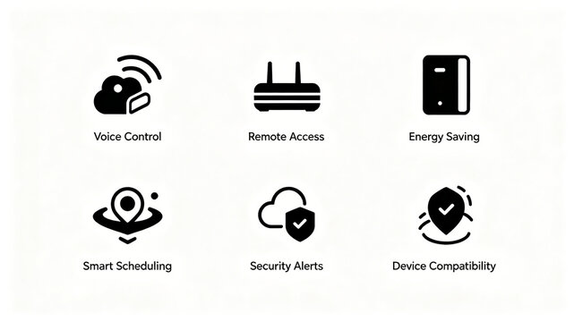 Cloud Internet Smart Home Black Icon Collection, representing voice remote timed security device adaptation, suitable for smart system e-commerce promotional materials.

