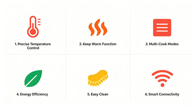 Collection of home appliance function icons, representing temperature control, insulation, multi-mode, easy to clean, suitable for displaying e-commerce main images and product parameter modules.
