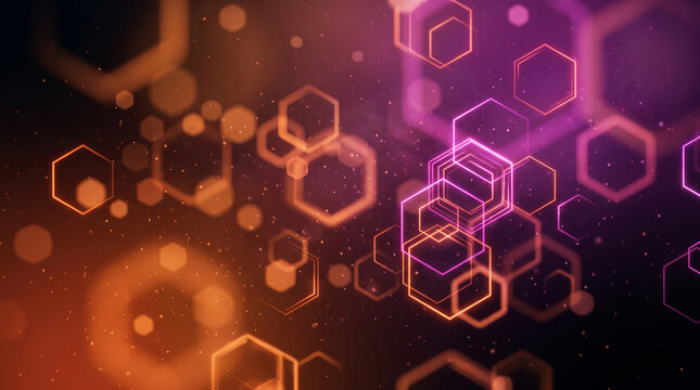 Abstract background with glowing orange and purple neon hexagons and floating particles, digital technology and science concept, 3d render