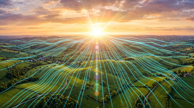 Aerial view of green rolling hills in the countryside with glowing blue data lines connecting to the sun on the horizon, representing digital connectivity