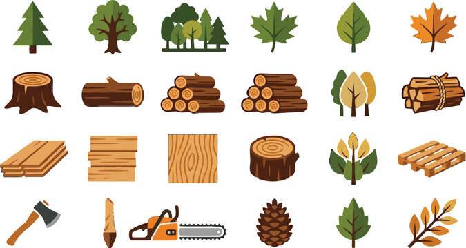 Set of flat vector icons featuring trees lumber wood materials and forestry tools for design projects