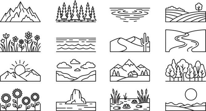 Set of sixteen nature landscape icons featuring mountains forests rivers and flowers in a minimalist line art style