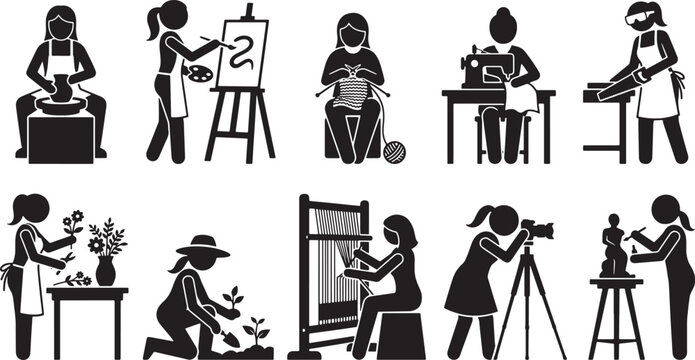 Set of black stick figure icons representing women engaged in various creative hobbies and artistic activities