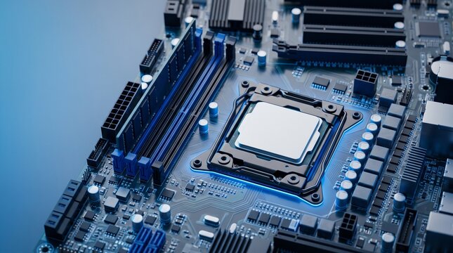 Computer motherboard with central cpu processor microchip and blue ram memory slots