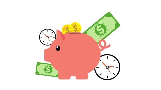 Savings and financial planning concept with piggy bank, coins, banknotes and clocks