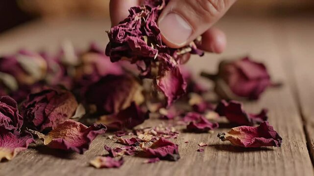 Hand Scooping Whole Dried Rose Buds and Petals on Rustic Wooden Table