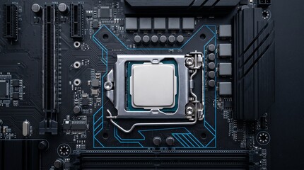 Fototapeta premium Computer processor CPU mounted on modern motherboard close up top view