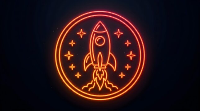 Neon rocket ship icon on black background, glowing space shuttle emblem with stars, futuristic launch symbol for tech startups