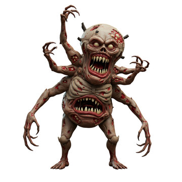 Horrifying Pale Skinned Monster with Multiple Arms and Mouths Standing on Transparent Background