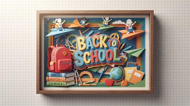 Back to school framed paper art cut style banner with 3D layers educational tools pencil book illustration