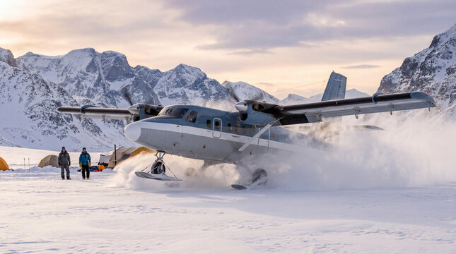 De Havilland Canada Twin Otter bush plane landing on skis in snowy mountain landscape with powder explosion