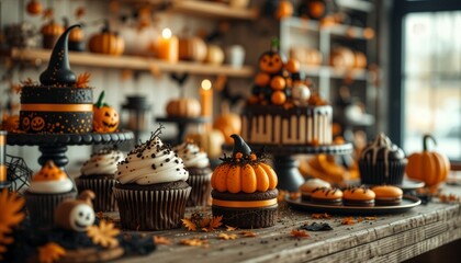 Fototapeta premium Halloween Desserts Table with Cupcakes Cakes and Pumpkin Decorations on Wooden Table