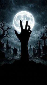 Halloween horror scene featuring zombie hand reaching from grave in rainy cemetery with full moon and tombstones.